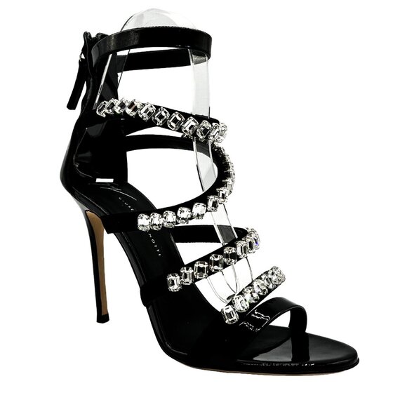 NEW Giuseppe Zanotti Mistico 105 Crystal Black Suede & Patent Leather Sandals